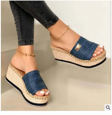 Women Shoes Beach Non Slip Thick Platform Slides Slippers New Clogs Increase Chunky Height Woven Wedges Sandals