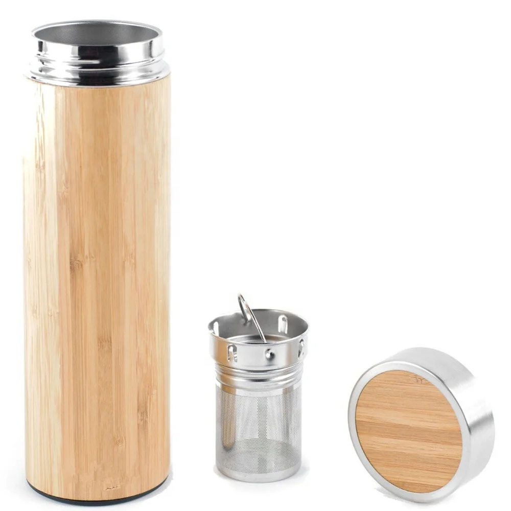 Private label 500ml stainless steel bamboo water bottle 18/8 bamboo tea infuser bottle tumbler for Gift