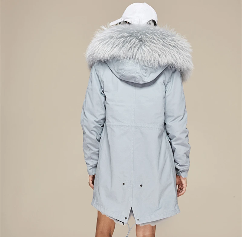 Stylish Ladies Winter Real Rabbit Fur Removable Lining Long Parka With Real Raccoon Fur Collar