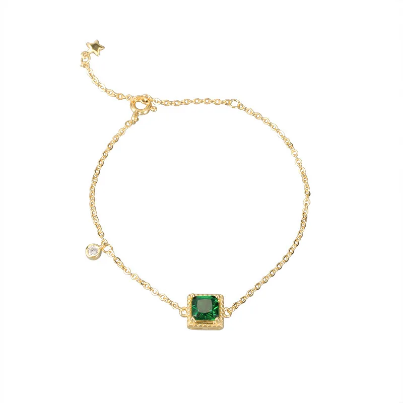 Fashionable S925 Sterling Silver Gemstone Bracelets Dainty 14K Gold Plated Bracelets with Green Emerald Stones
