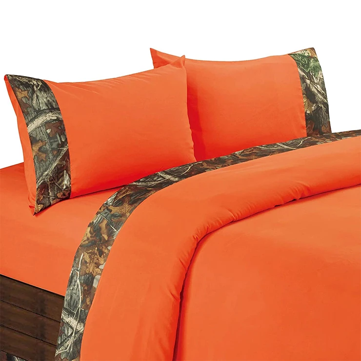Vitotex-Oak Camo Lodge, Hunter Orange, Bed Sheet Set Queen size 4pcs