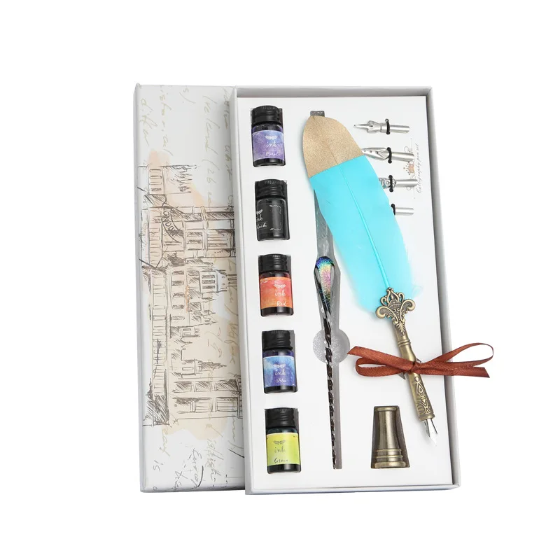 Calligraphy Glass Crystal Pen and Feather Dip Pen Set with 5 Color Ink