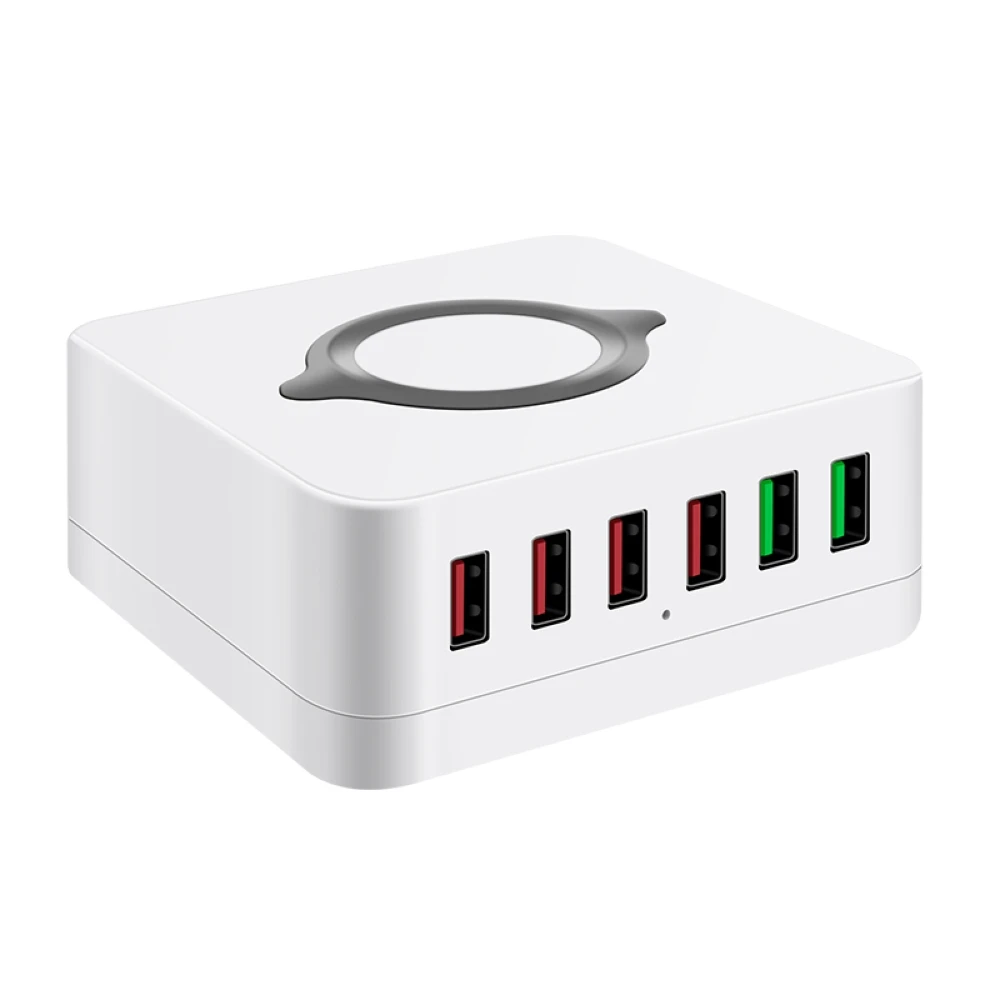 Hot Sale Charging Station QC3.0 QC2.0 USB 6 Ports Wireless Multi-port Travel Charger Multi-Port-Ladegerat mit kabellosem Laden
