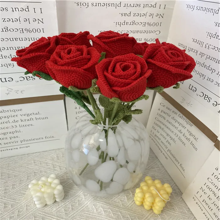 SY100% handworks crochet flowers bouquet freshly Rose Flower for Decoration Crochet Flowers Hand Woven Rose with Beautiful Color