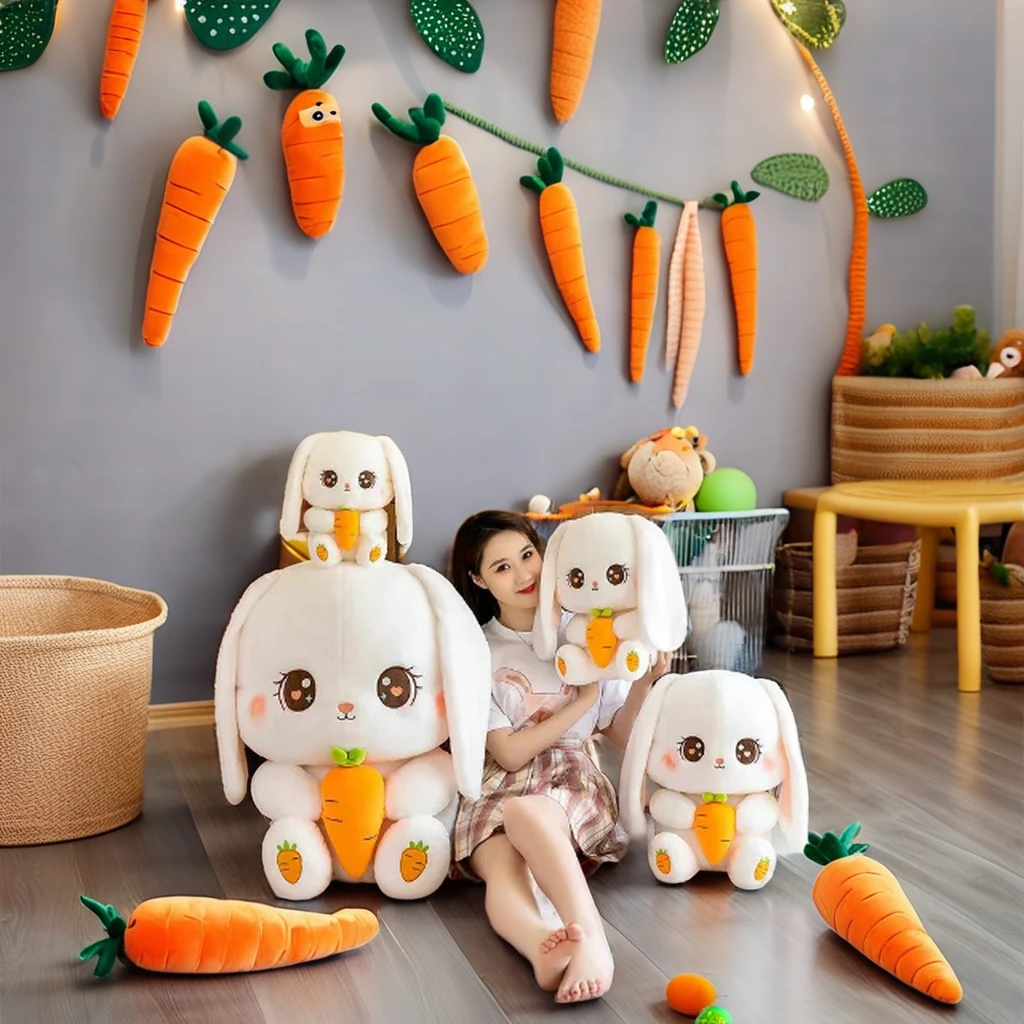 Wholesale Super Cute Soft Bunny Doll Stuffed Plush Animal Rabbit Toy PP Cotton Warm Carrot Cushion Pillow Birthday Gifts Kids