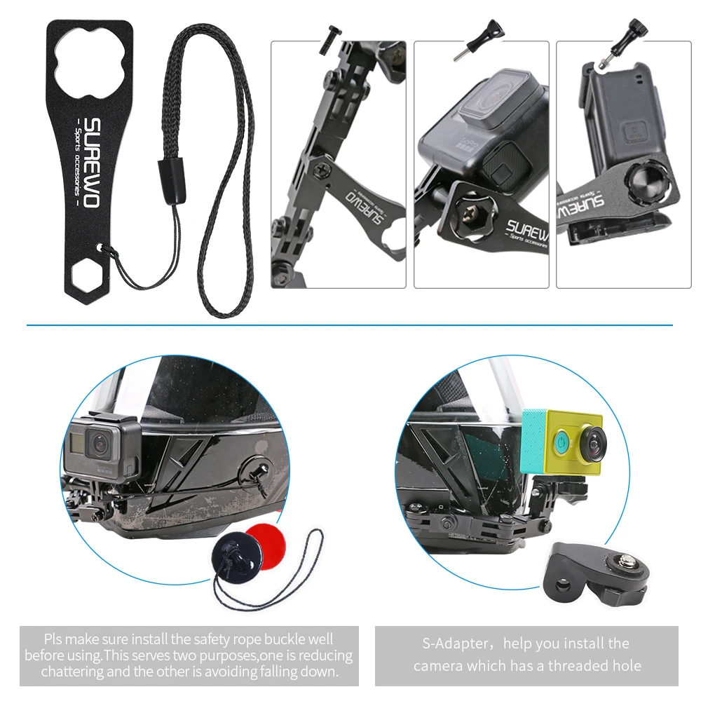 SUREWO Gopro Accessories set Aluminum Motorcycle Helmet camera Mount for GoPro Hero 7 Black 6 5 Session DJI Action and More