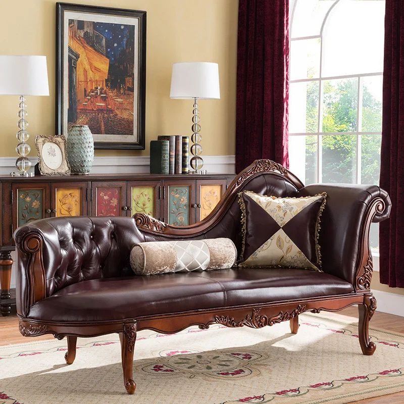 OEM European Style Living Room Chairs Wooden Leather Antique Chaise Lounge Sofa Bench Chair