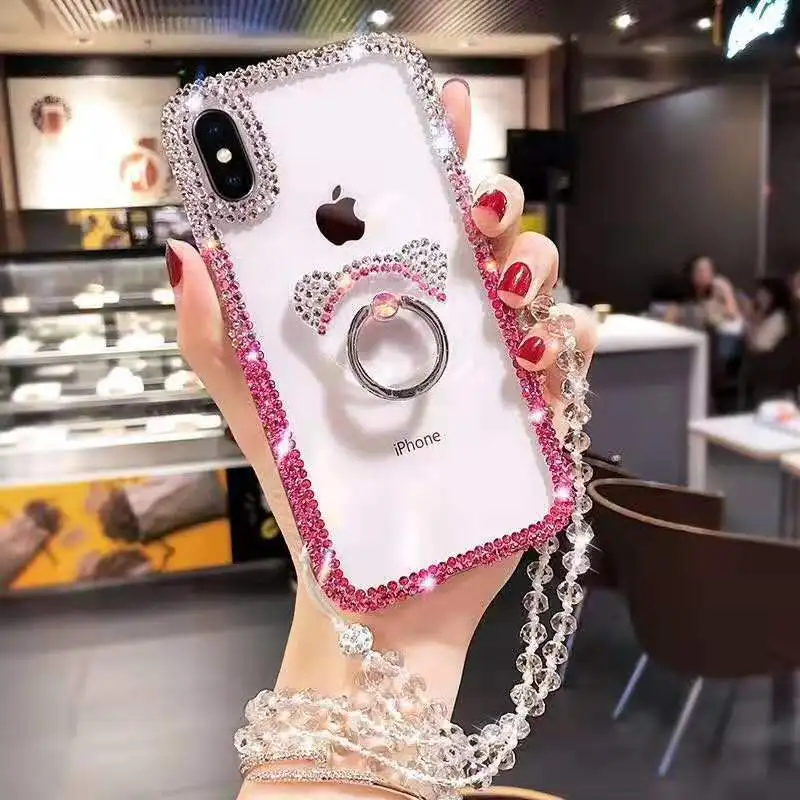 Luxury Diamond Clear Mobile Phone Case Cover With Ring Stand and Neck Strap For Iphone 11 12 13 Pro Max Case
