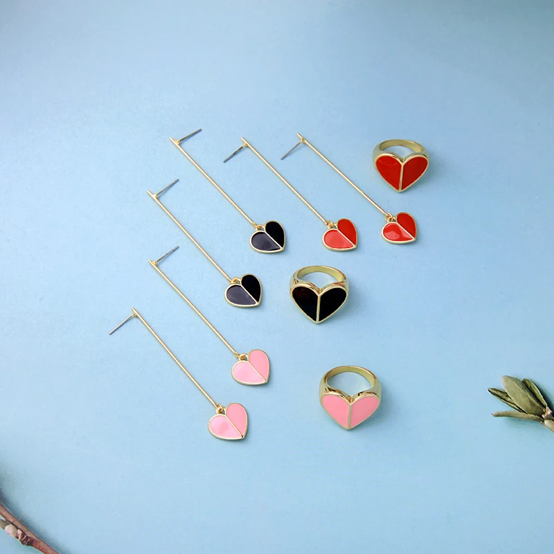 JZ00144D Gold Color Alloy Red Enamel Heart Style Gemstone Rings for Women & Girls for Wedding Engagement Party Anniversary Gifts