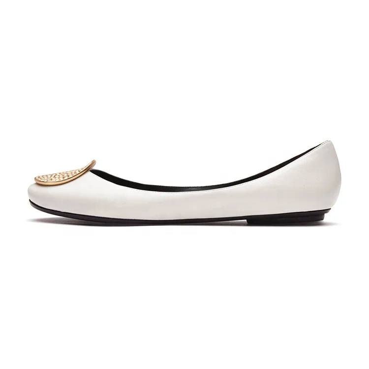
New trend womens flat foldable slip on shoes leather metal charm ballet white flat shoes 
