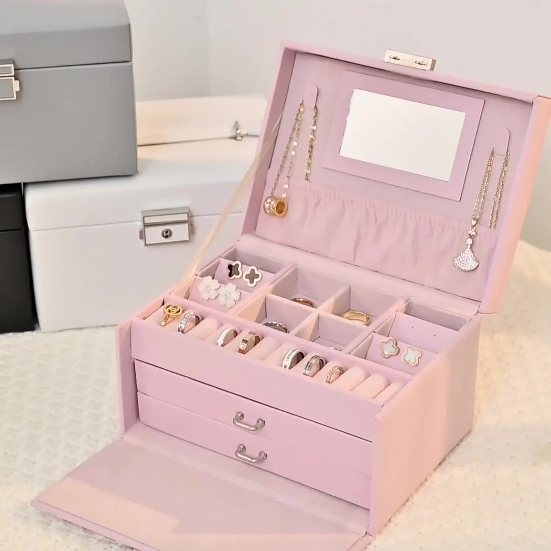 Solid color three-layer jewelry box Portable drawer type jewelry storage box Earrings necklace jewelry storage box