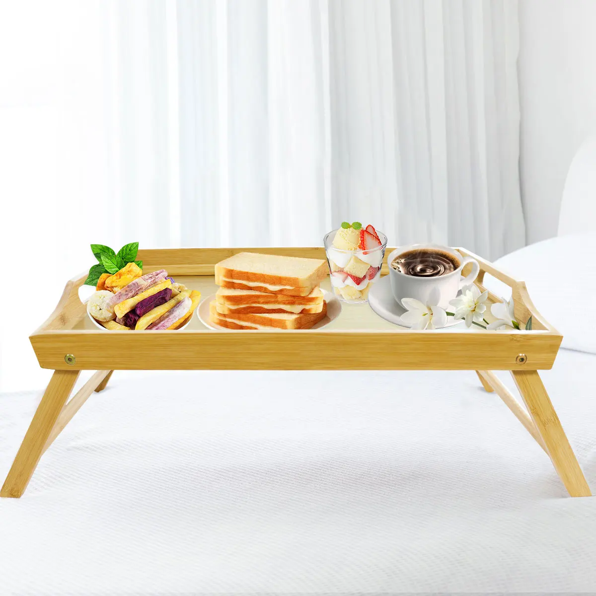 Luxury Portable food breakfast bed tray foldable legs breakfast tray laptop lap desk bamboo breakfast tray with folding legs