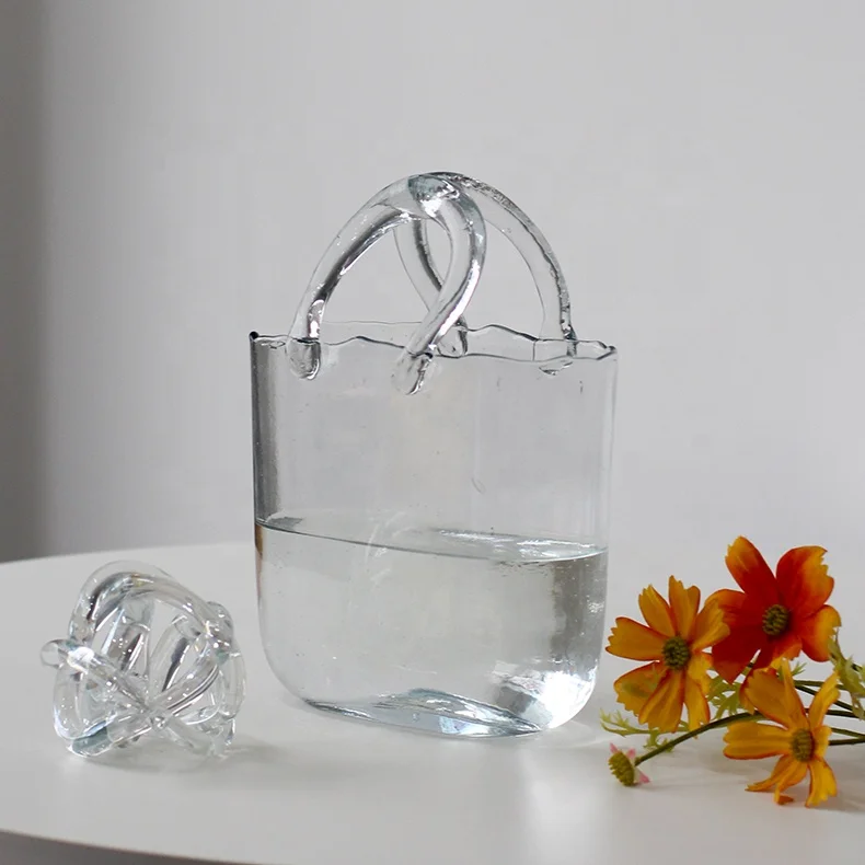 Bixuan Handmade Hand Bag Shape Flower Arrangement Vase for Wedding Table Centerpiece Decoration Accent Clear Bubbles Glass Vases