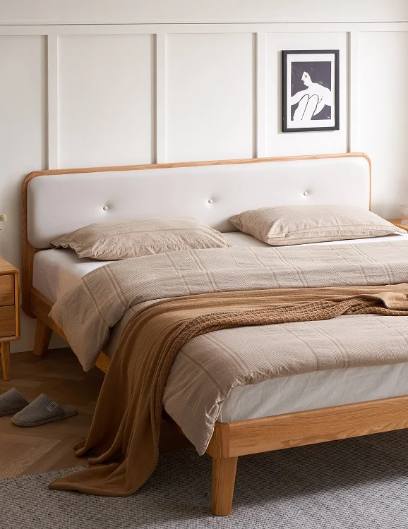 A1015 Modern style  bedroom furniture King Size double bed Solid OAK Wooden Frame bed upholstery bed