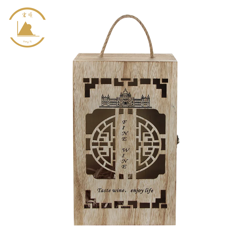 Factory Direct Wooden Wine Box Gift with Hinged Lid Hollowed-out Tung Wood Case for Storage and Crafts Customized Engraving Logo