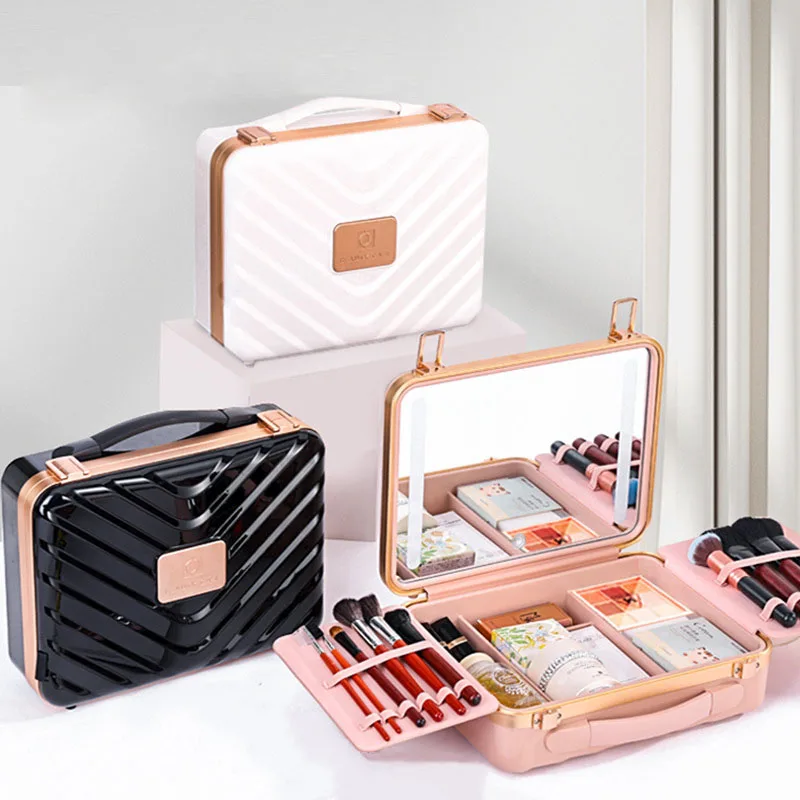 Customize Portable Travel Smart Foldable Touch Screen Pu Cosmetic Vanity Case Storage Makeup Organizer Box With Led Light Mirror