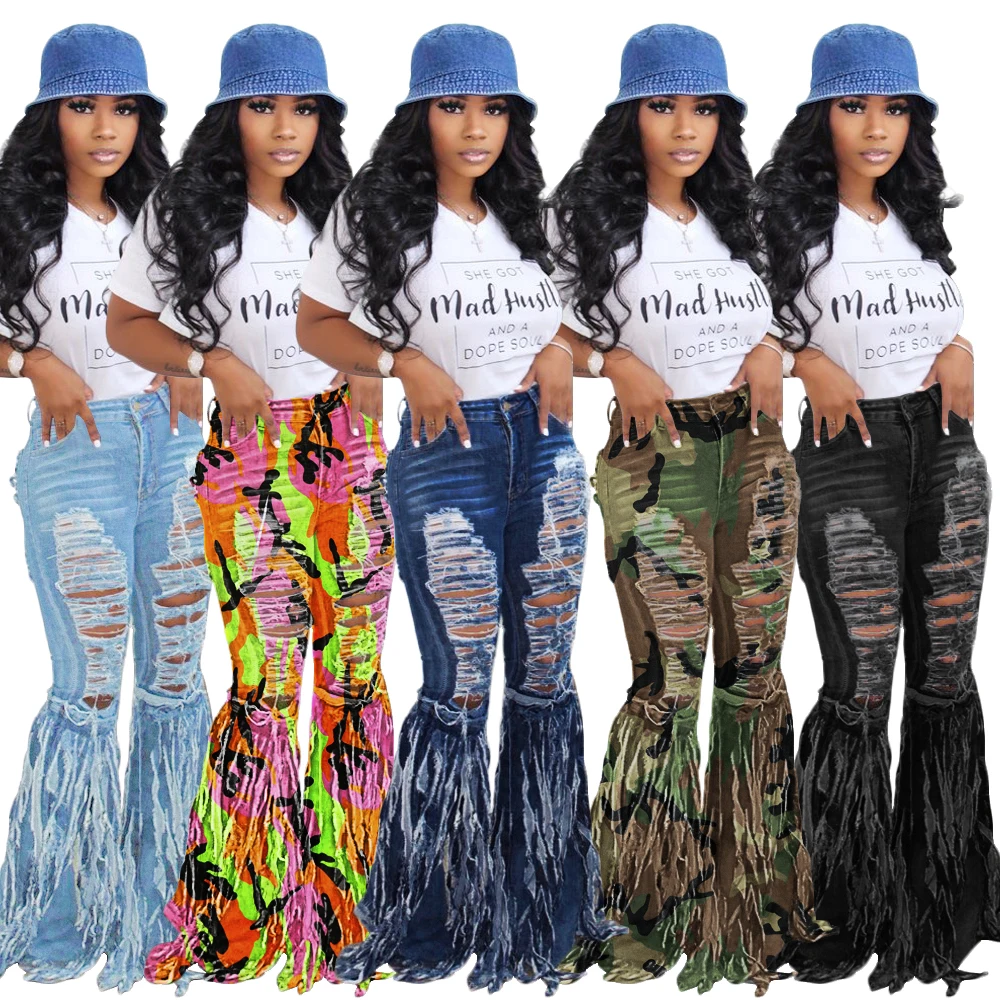 Wholesales Woman Denim Bell Bottom Camouflage Jeans Pants Women Fashion Casual Tassel Jeans