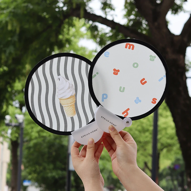 Collapsible Fan With Plastic Handle Summer Promotion Custom Folding Hand Fans Fabric Polyester Nylon Foldable Flying Disc
