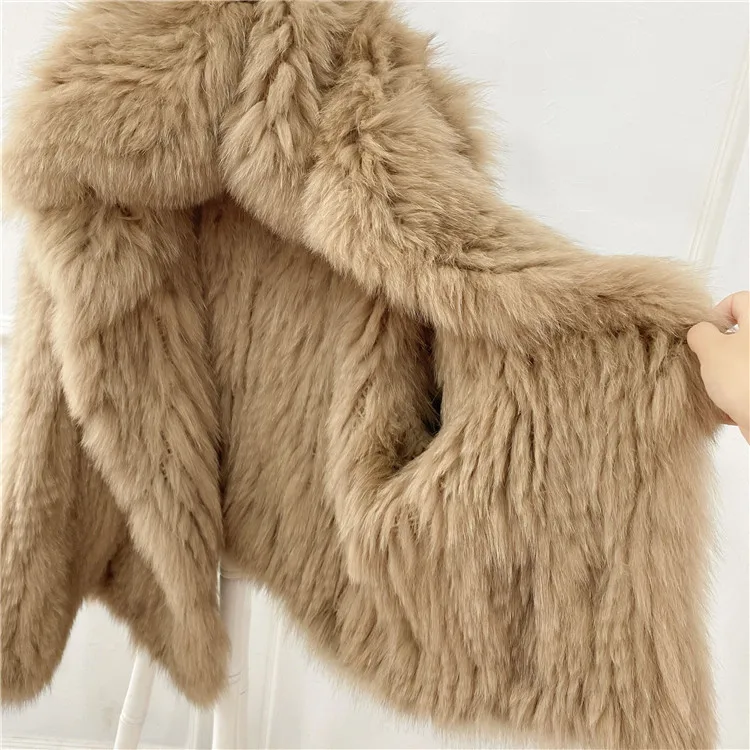 Double-sided weave women loose bat sleeve hooded faux jacket fox fur coats