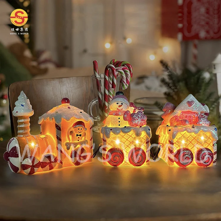 Christmas Tabletop Decorations LED Lights Gingerbread Train Resin Christmas Snowman Figurine Decoration LED Lights