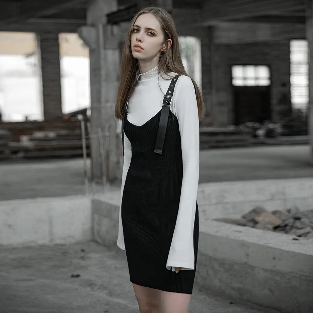 PUNK RAVE OPQ-451 Wool Sling Dress Black Gothic Dress Women Summer Sexy Strap Knitted Dress