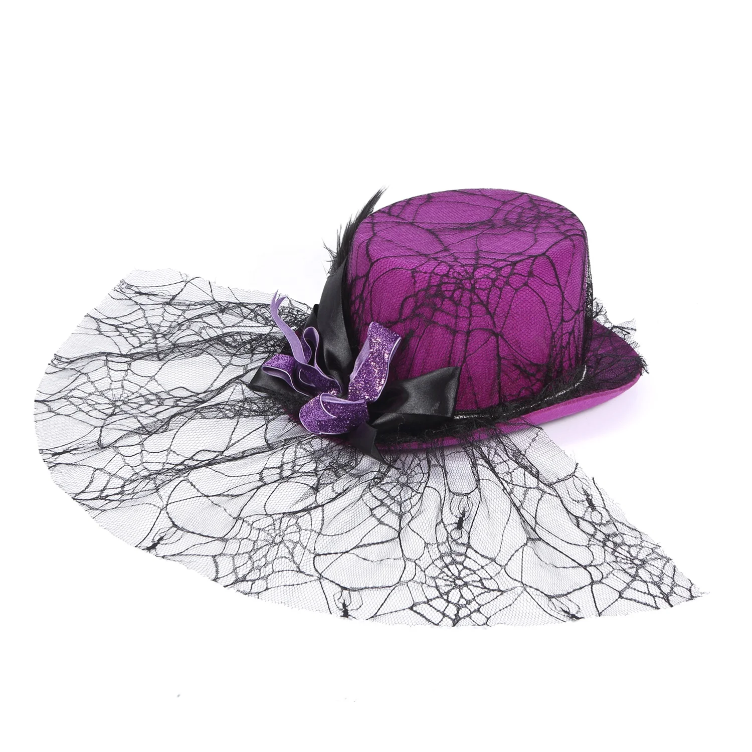 New style purple  Halloween glitter ribbon bow veil black feather formal hat for girls women party costume for cosplay