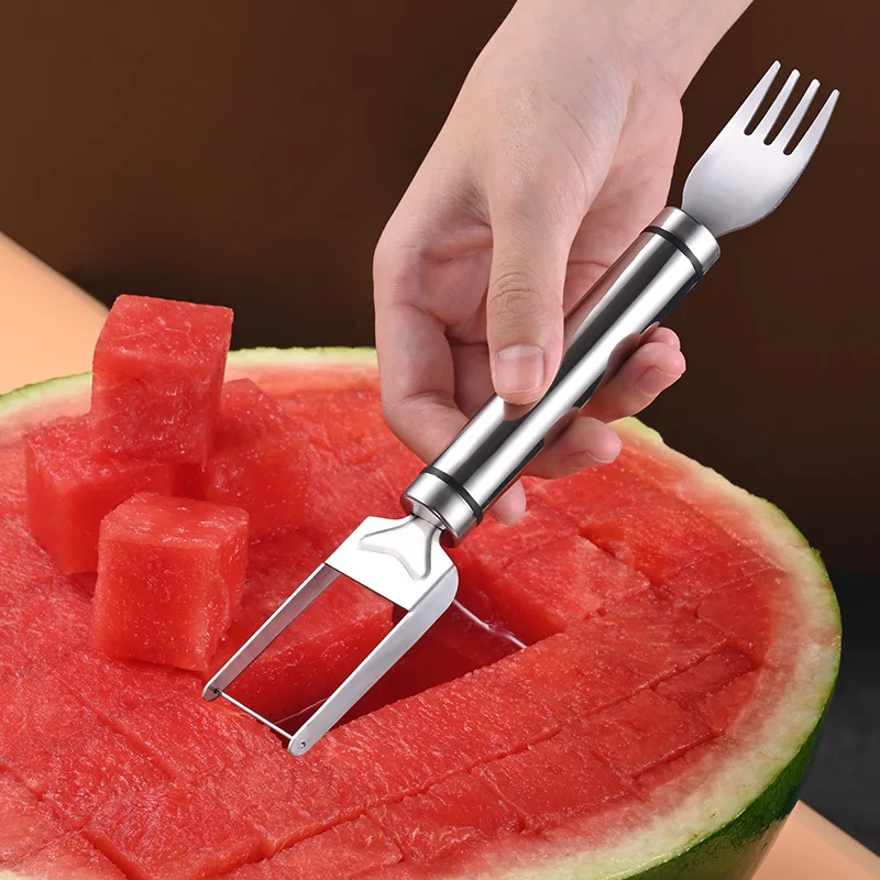 2024 New Arrival Dual Head Stainless Steel 2-in-1 Fruit Cutter & Watermelon Fork Slicer Knife Home Kitchen Gadget