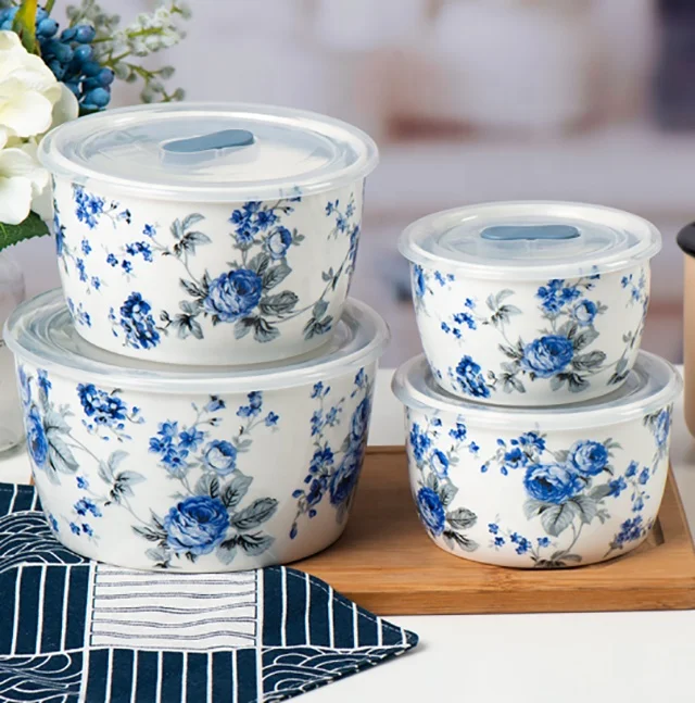 hot sale plastic Blue roses ceramic new bone china good leakproofness fresh bowl microwave oven bowl 4pcs preservation bowl set