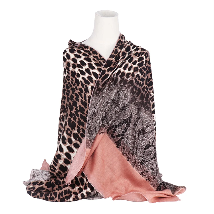 Stock mid-weight women silk scarves leopard animal print scarf winter brushed polyester shawl warm cashmere pashmina