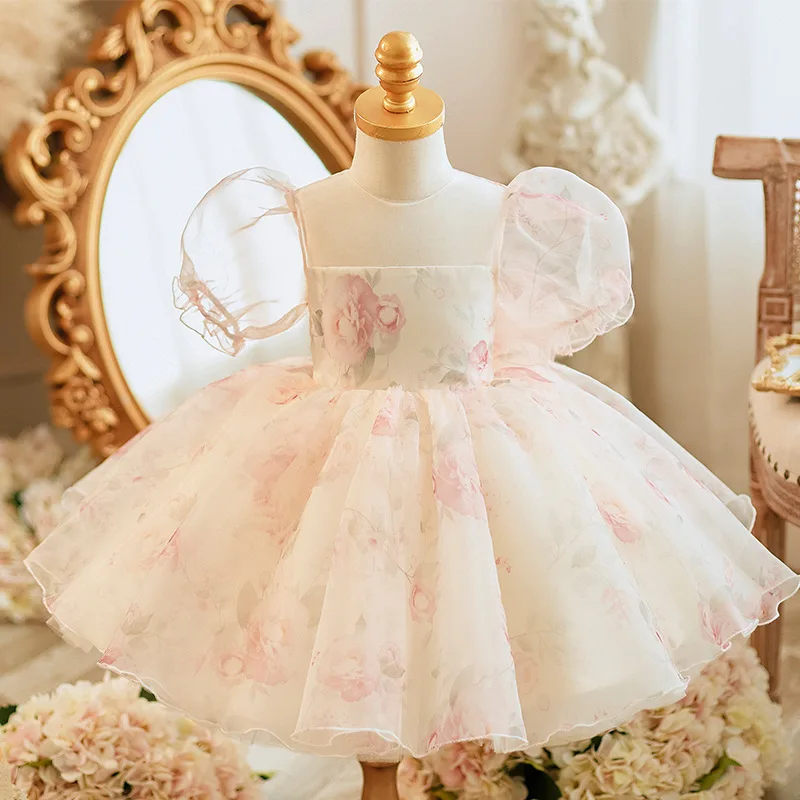 Summer Pink Floral Print Mesh Boutique Toddler Kids Wedding Evening Party Clothing Baby Birthday Outfit Flower Girls Dresses