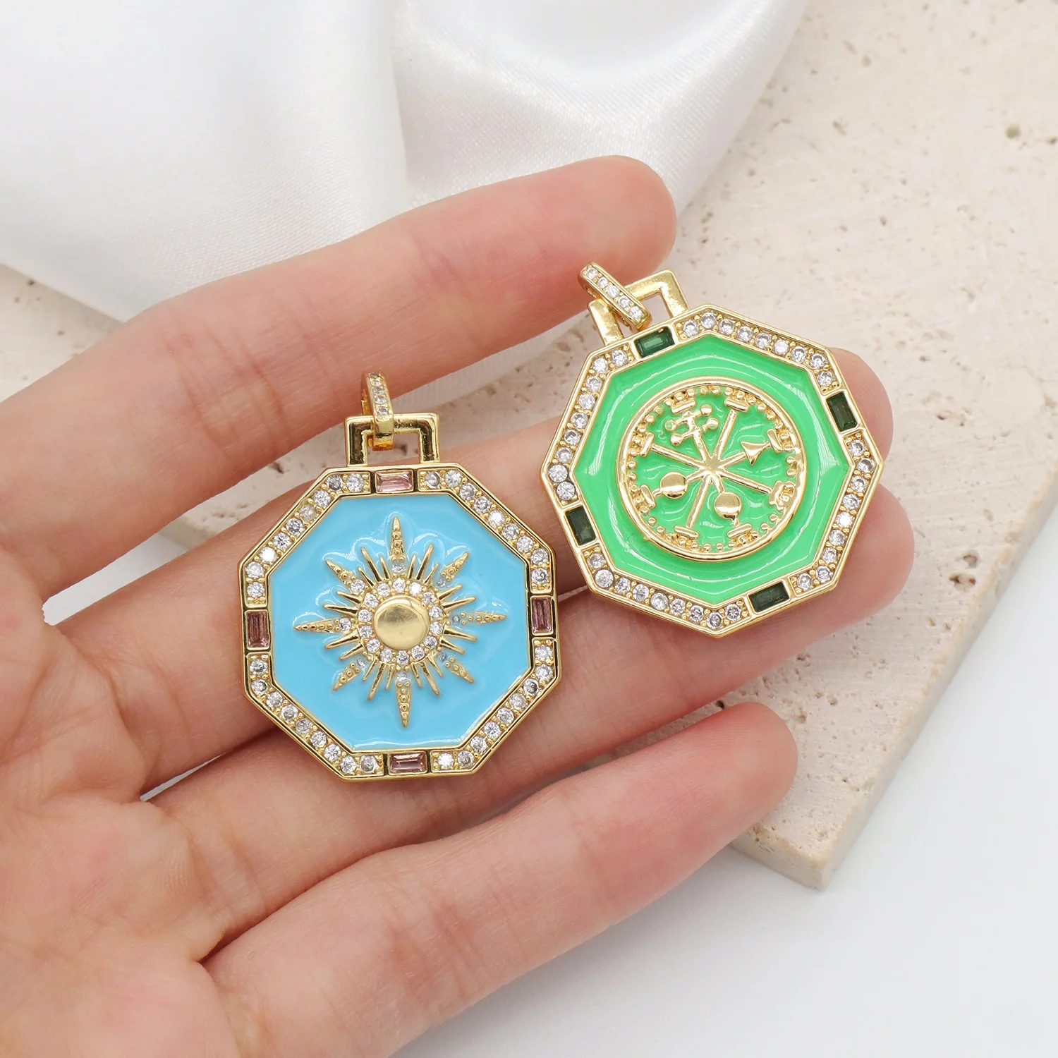 Wholesale Miss Jewelry Fashion Enamel Blue Green Octagonal Gold Sun charms Pendant Custom CZ Gold Plated Sun Pendants