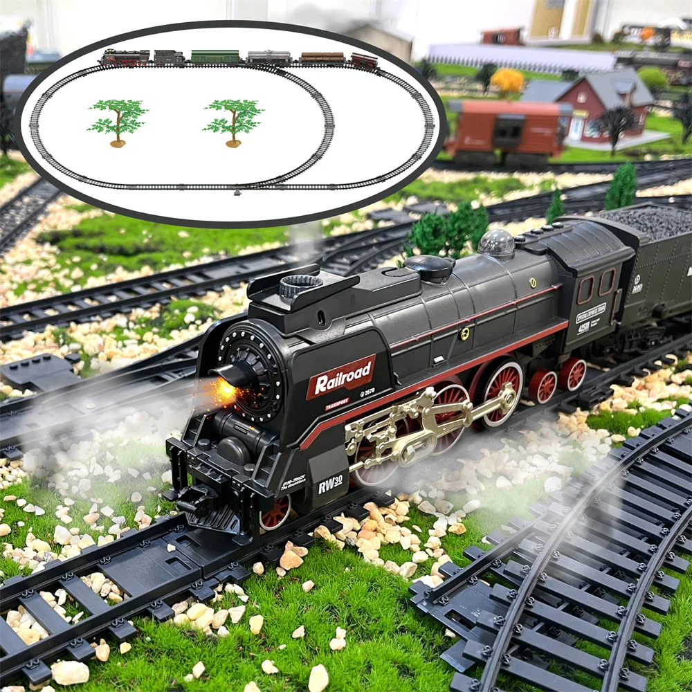 Hot Selling DIY Assembly Plastic Steam Slot Railway Vehicle Locomotive Model Electric Music Light Track Smoke Train Toy Set