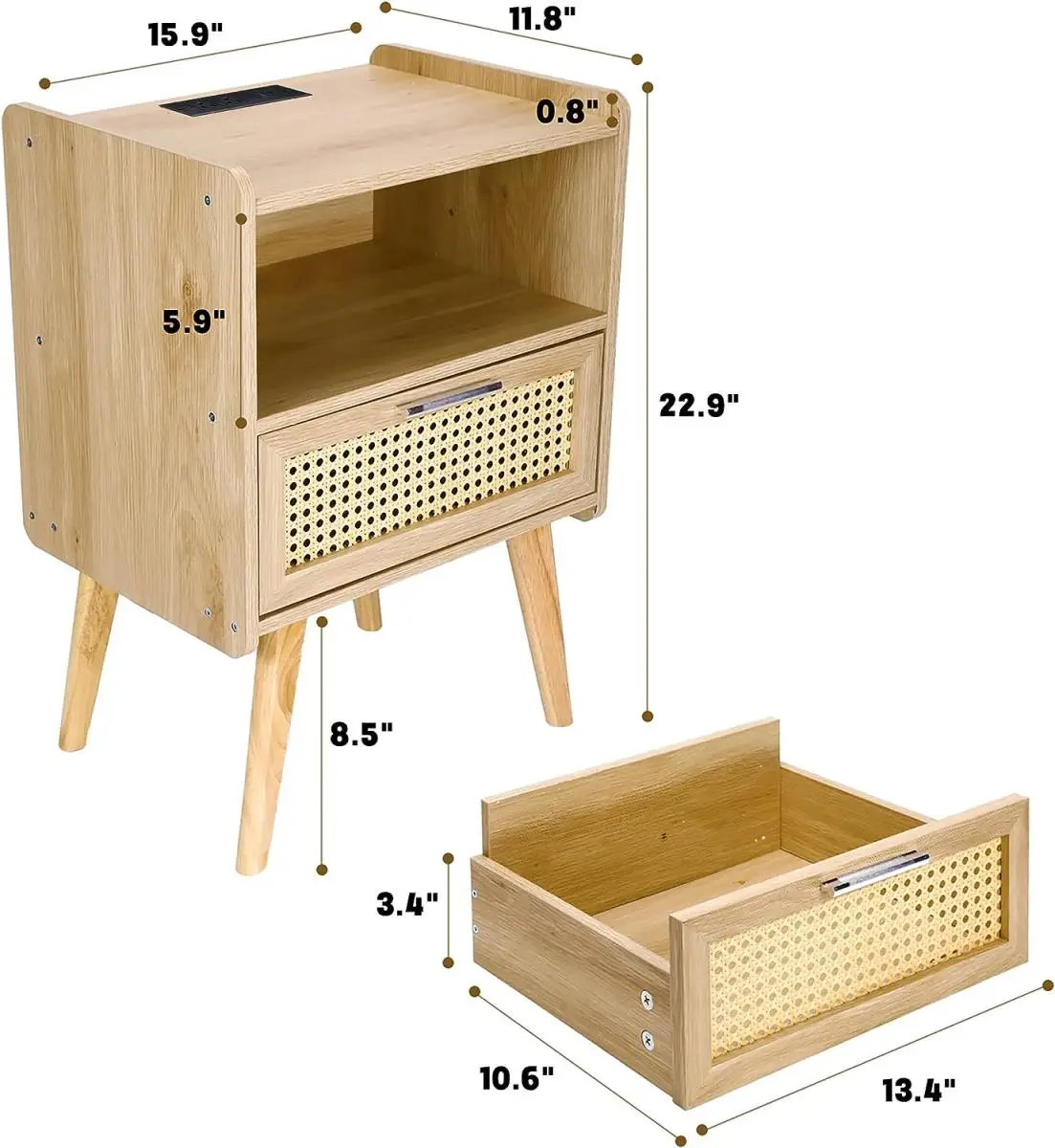 Modern Boho Nightstand Wooden Rattan Side Table with Storage Drawer End Table for Bedroom Furniture