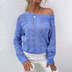 Hollow out knitted pattern crew neck blank oversize knit pull over sweater women