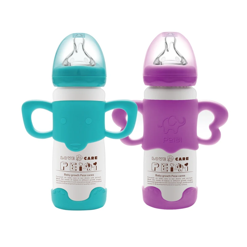 High quality baby bottle nipple wide mouth silicone cover glass infant nursing cartoon baby feeding bottle