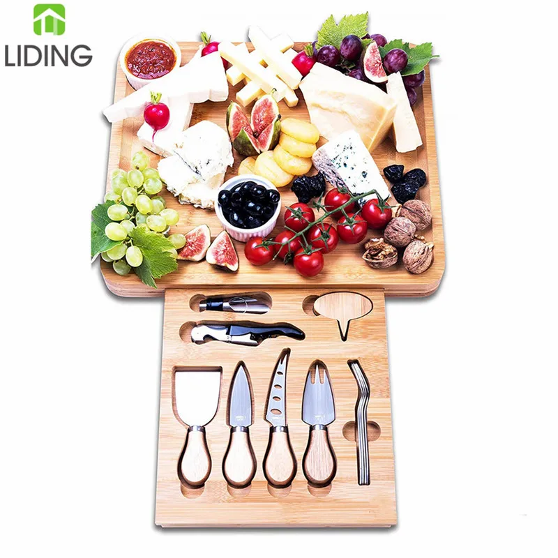 Bamboo Cheese Board and Knife Set Wooden Platter Tray Charcuterie Cheese Plate