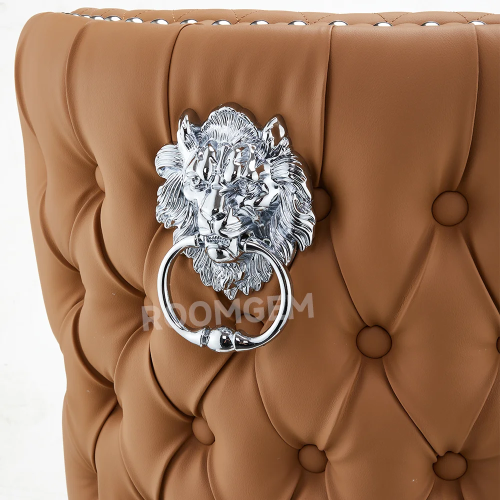 New Design Beige Tufted Velvet Restaurant Banquet Dining Room Chair Legs Home Furniture Fabric Modern with Gold Lion