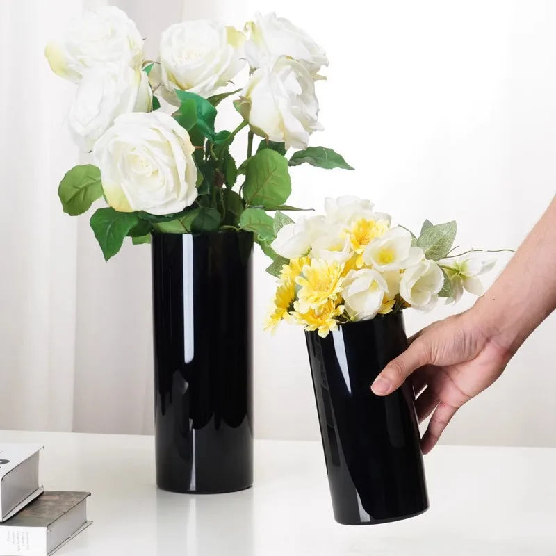 European modern simple glass black straight cylinder advanced sense vase
