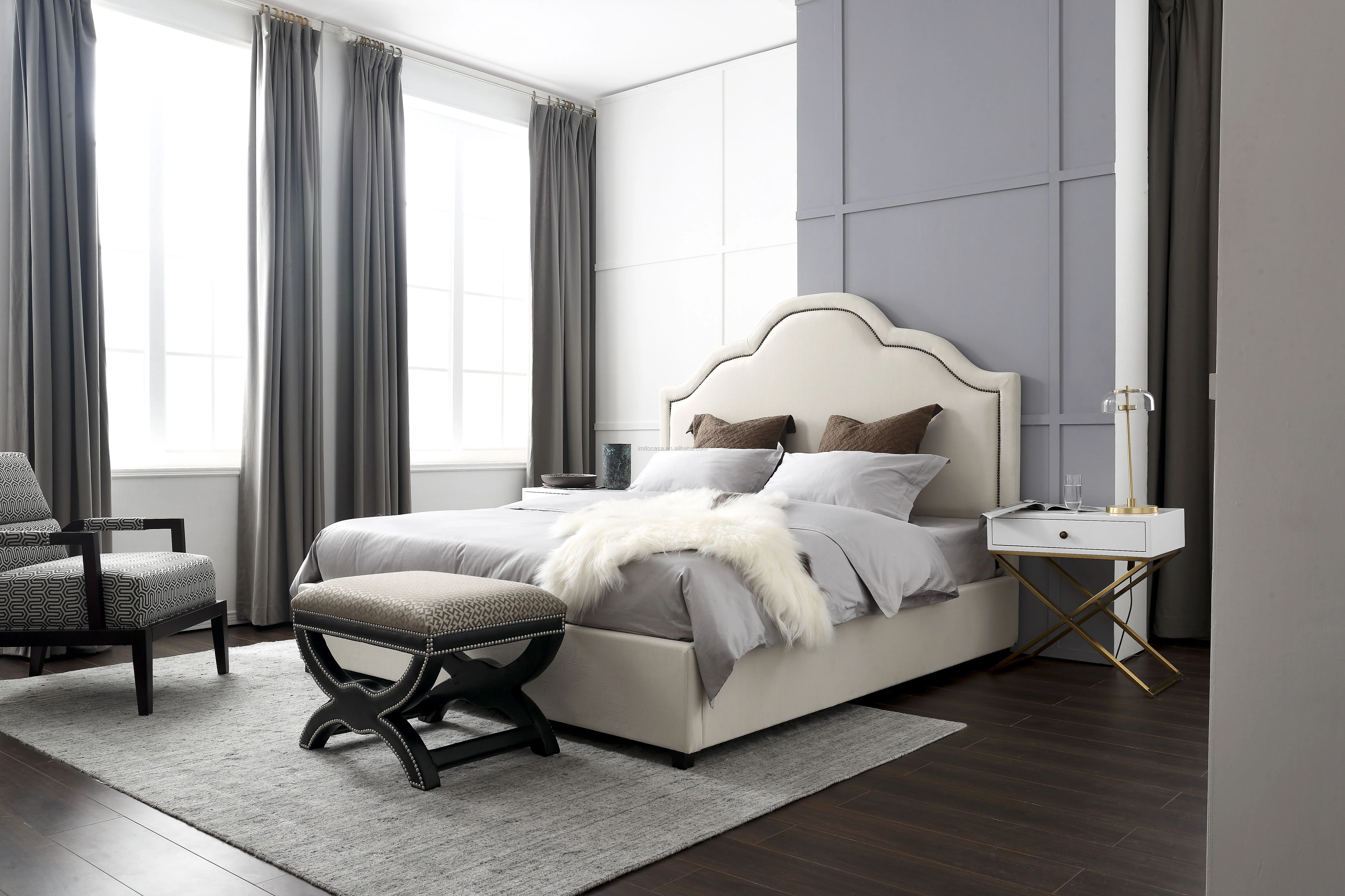 
American Modern Green Leather Upholstered King & Queen Size Bed Vintage Home Furniture Bedroom Set Solid Wood Quality Bed 