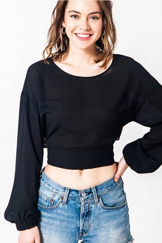 
2020 new arrivals women office lady black long sleeve backless bow knot sashes tops 