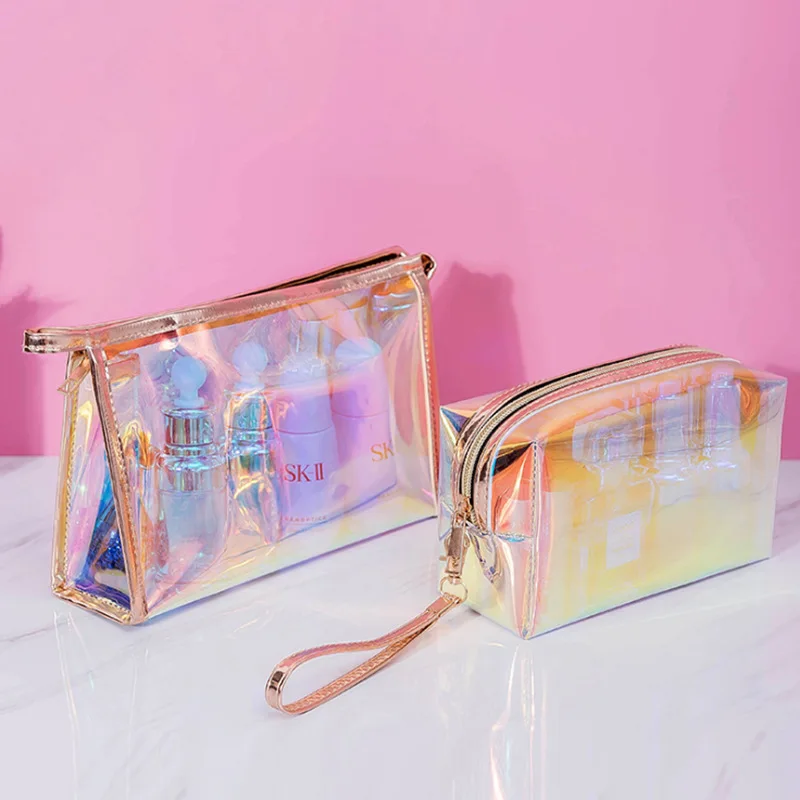 Holographic customized logo transparent Makeup Bag Waterproof Zipper Pouch PVC travel cosmetic bag