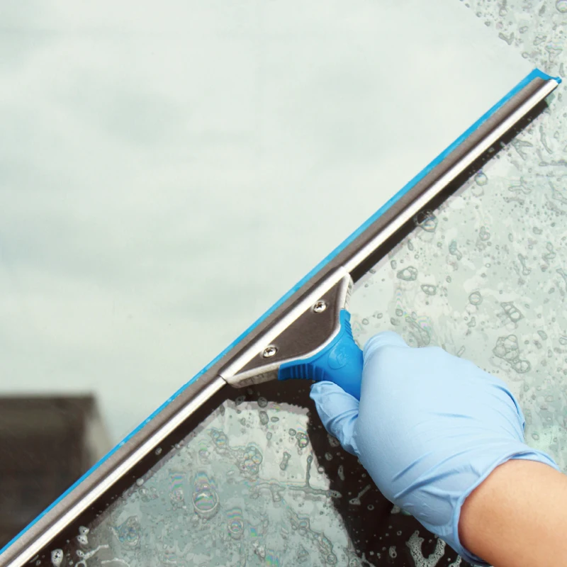 Premium commercial janitorial supplies 14 inch blue soft rubber trident window glass cleaning squeegee with long handle