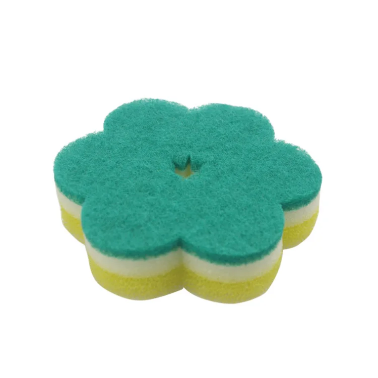 Flower-shaped three-layer composite dishwashing scouring pad sponge scrubber