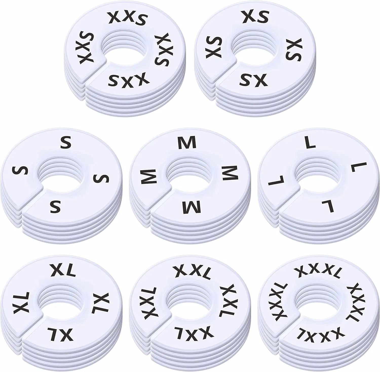 Vantasii 40 Pack Round White Plastic Clothing Size Closet Rack Dividers Hangers, Preprinted in 8 Sizes XXS, XS, S, M, L, XL, XXL