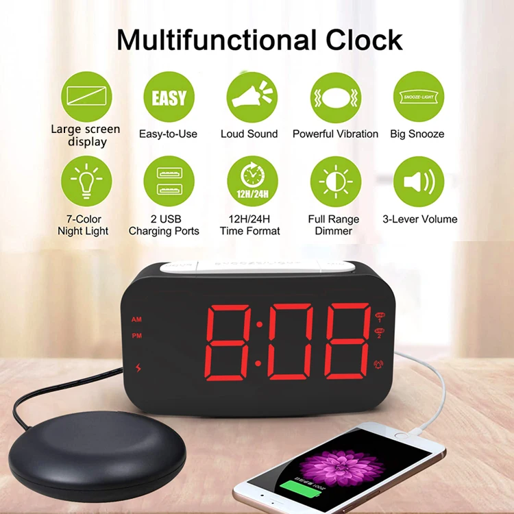 Многофункциональные часы-будильник для глухих вибрирующие часы с 2 Usb-зарядками 7 цветов Подушка-будильник США и Великобритании