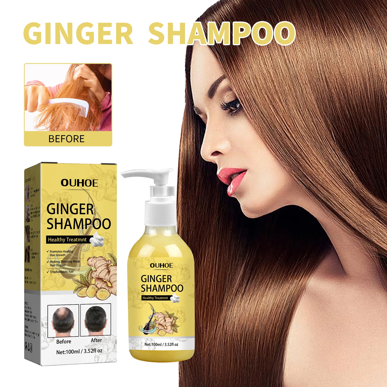 OUHOE Hair Shampoo Hair Growth Gel Moisturizing Anti-itch Solid Hair Care Dense Fluffy Body Care Organic Ginger shampooShampoo