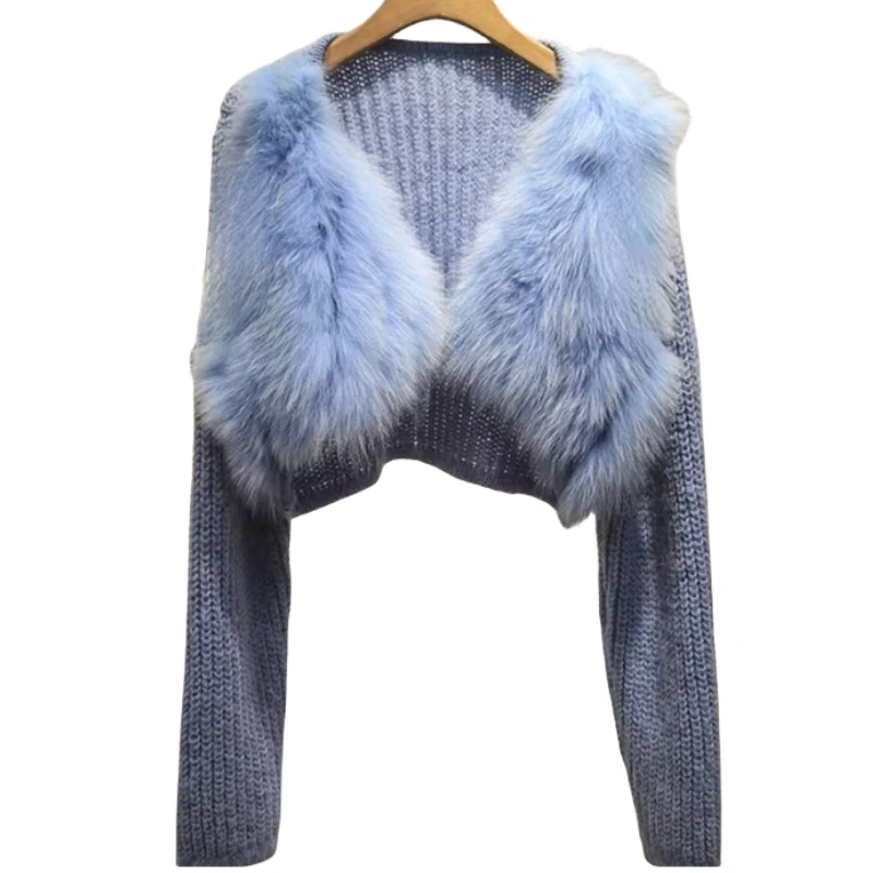2024 Wholesale autumn sweater with fur women short cardigan coat knit wool fur sweater for ladies