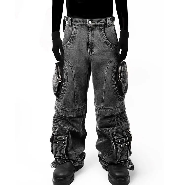 New arrival High Quality Denim Jeans Wide Leg Custom  Denim Cargo Pants Street Wear Pockets Acid Wash Distressed Cargo Jeans