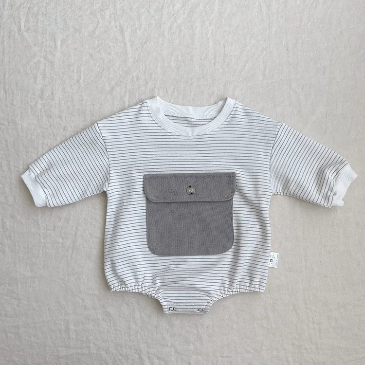 Korean Style Cotton Soft Fabric Striped Baby Rompers Pocket Design Children Fall Clothes