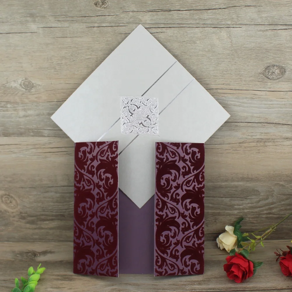 New Product Ideas Personalised Dark Green Flocking Embossed Wedding Cards and velvet pattern invitation cards